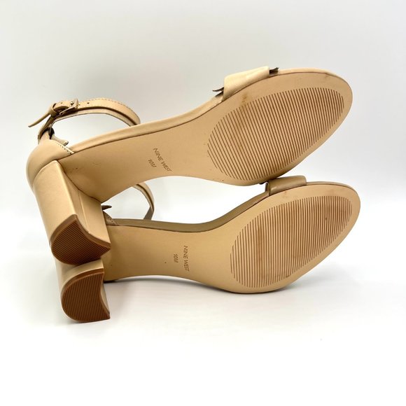 Nine West Pruce Beige Tan Natural Leather Open Toe Block Heels Sandals Shoes 10M - Picture 9 of 13